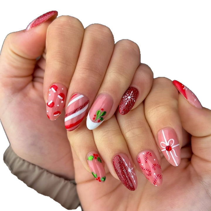 Art nail set with festive candy cane and Christmas motifs Stornfield