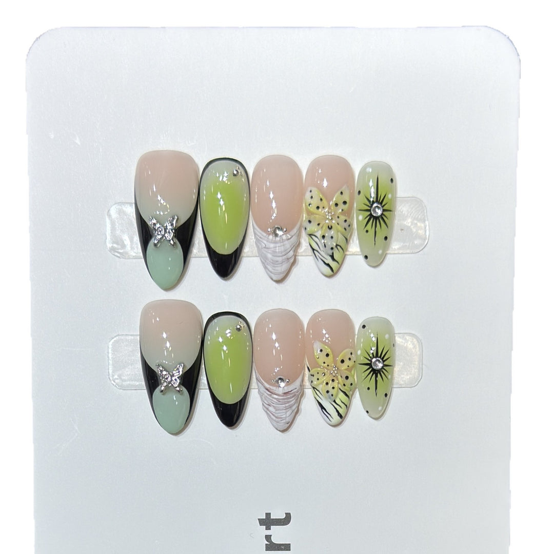 Artistic Press-On Nail Set with Butterfly and Floral Designs Stornfield