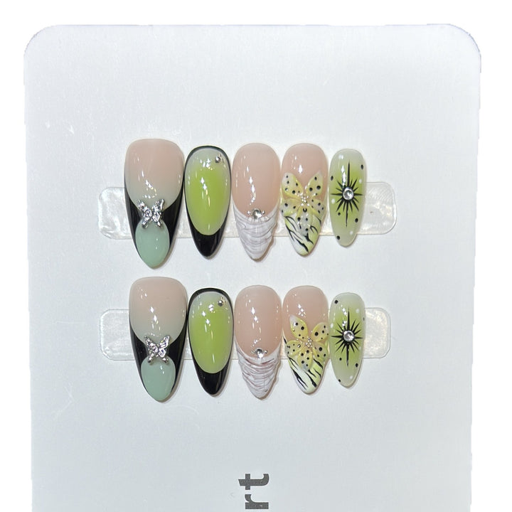Artistic Press-On Nail Set with Butterfly and Floral Designs Stornfield