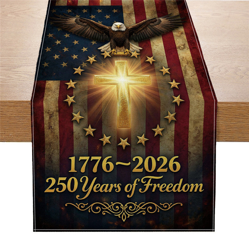 Patriotic Cotton-Linen Table Runner with Statue of Liberty and American Flag Print