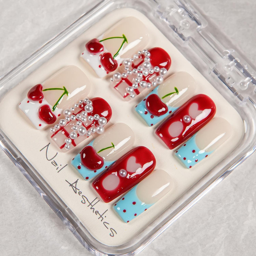Artistic Press-On Nail Set with Cherry Design