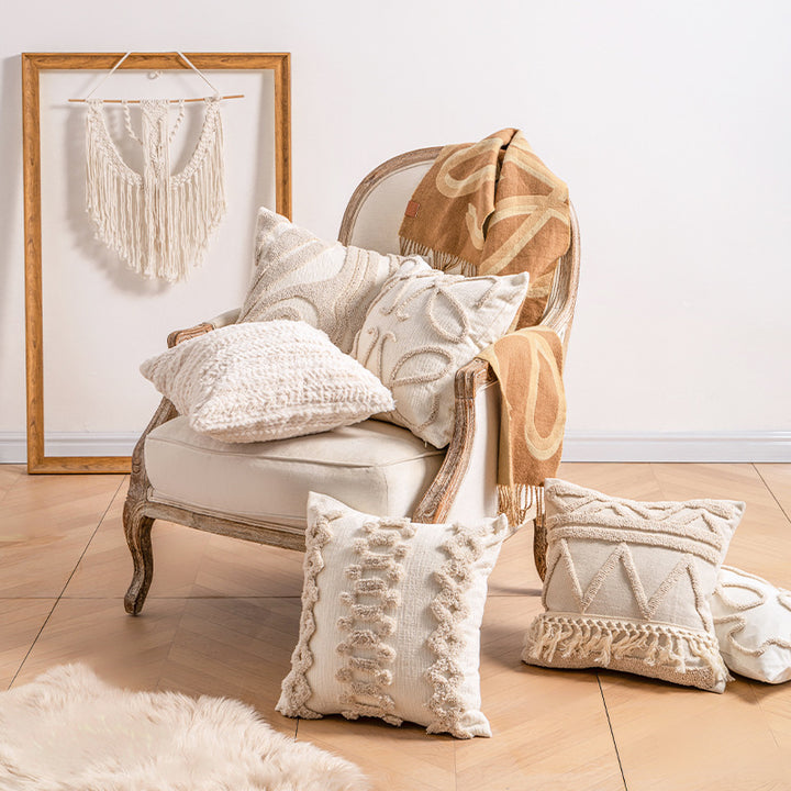 Bohemian Loop-Tufted Lumbar Pillow Cover with Curved Appliqué Texture