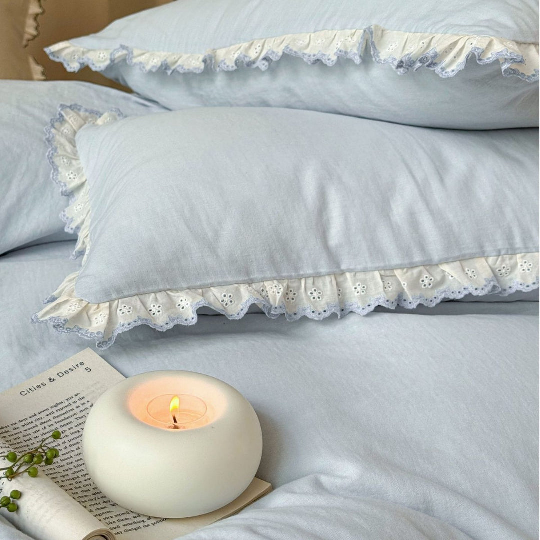 Ruffled Lace-Trim Washed Cotton Duvet Cover Set with Pillow Shams
