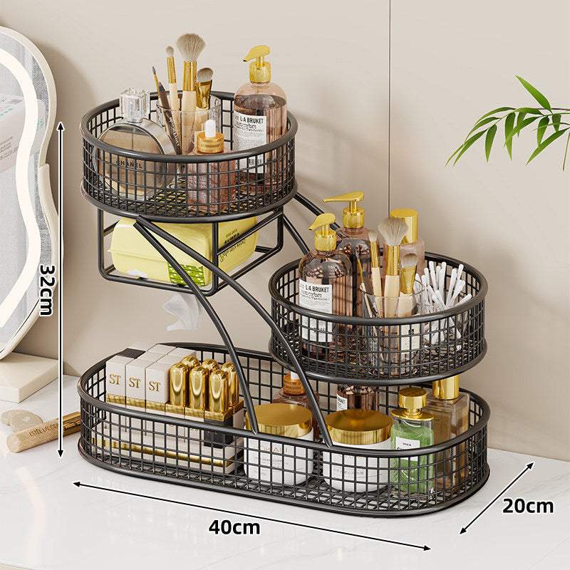 Three-Tier Wire Mesh Vanity and Bathroom Countertop Organizer with Built-In Tissue Dispenser