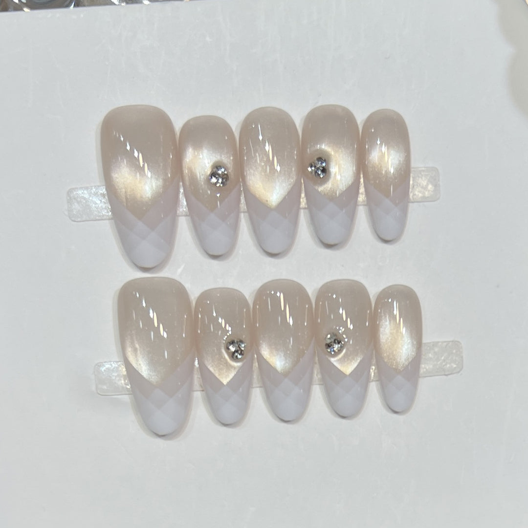 Elegant Geometric Press-On Nail Set with Rhinestone Detail Stornfield