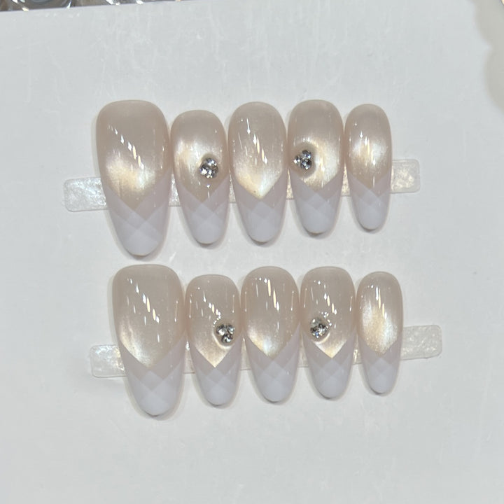 Elegant Geometric Press-On Nail Set with Rhinestone Detail Stornfield