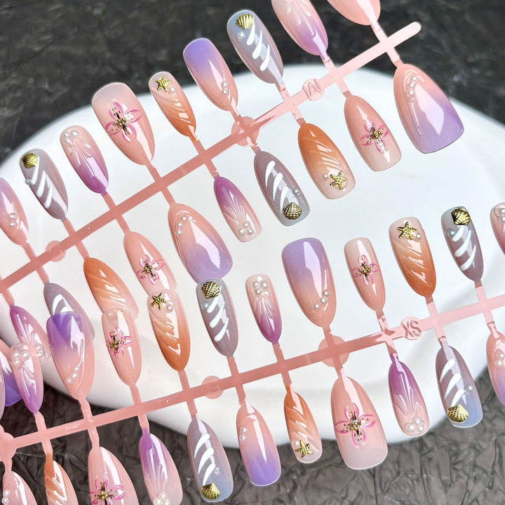 Artistic Press-On Nail Art Set with Floral and Gem Details