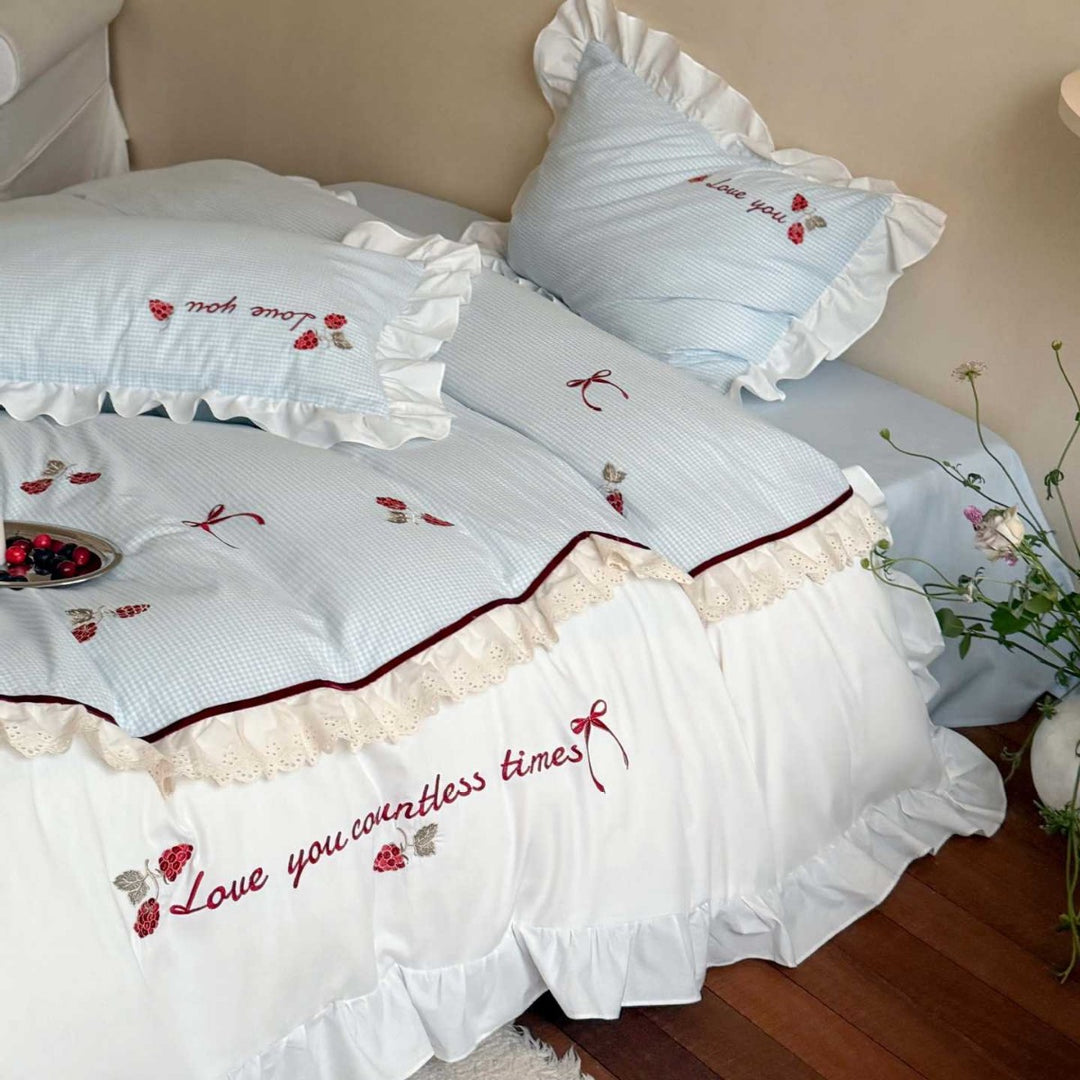 Ruffled Embroidered Cotton Duvet Cover Set with Romantic Rose Motif & Lace-Trim Pillow Shams