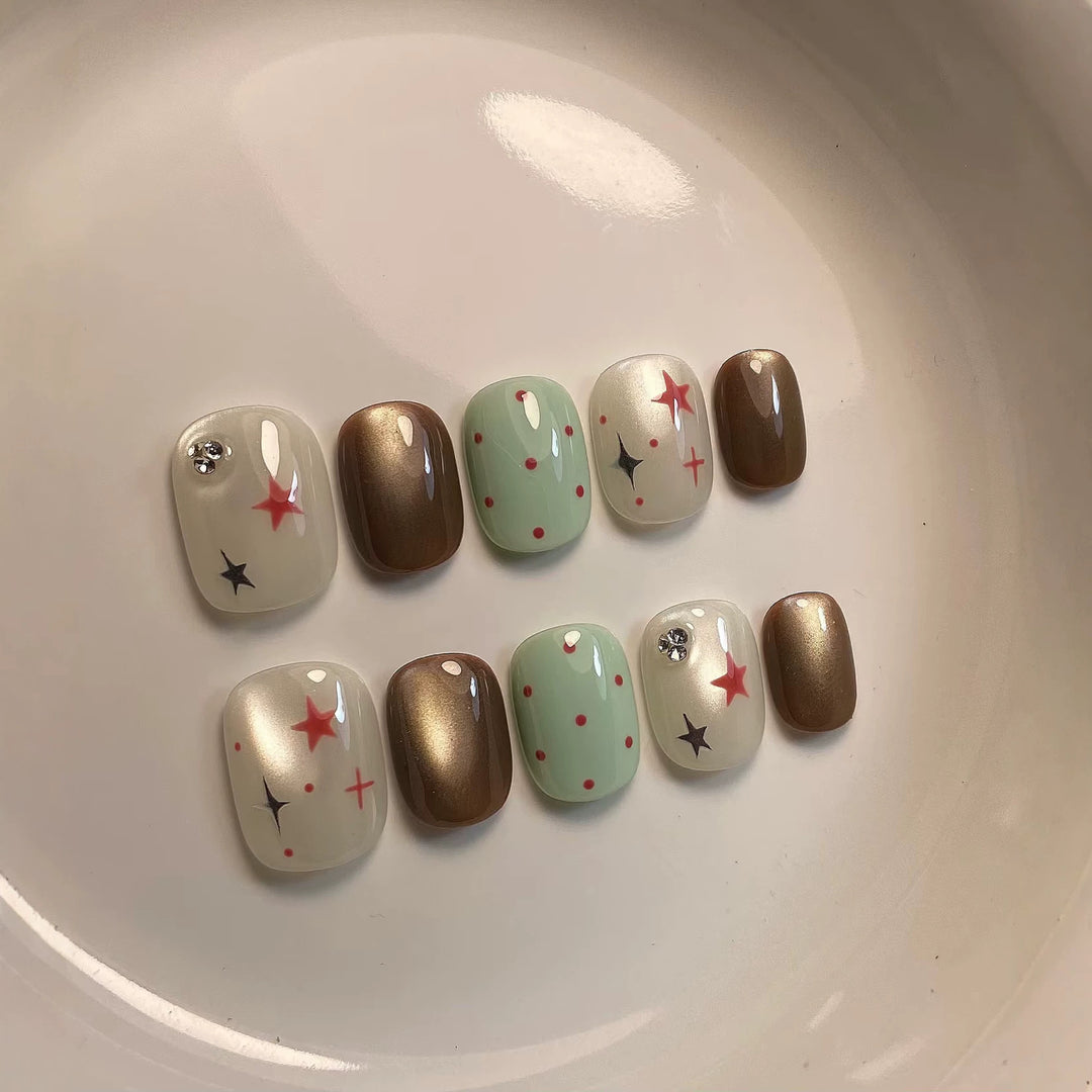 Decorative Press-On Nail Art Set with Star and Dot Patterns