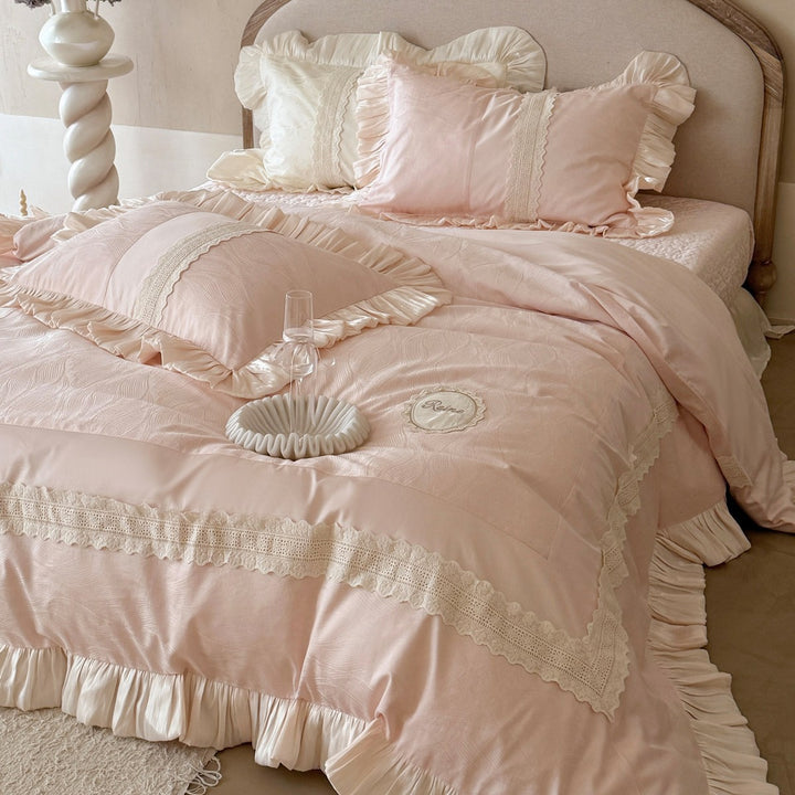 Ruffled Lace-Trimmed Satin-Accent Duvet Cover Bedding Set