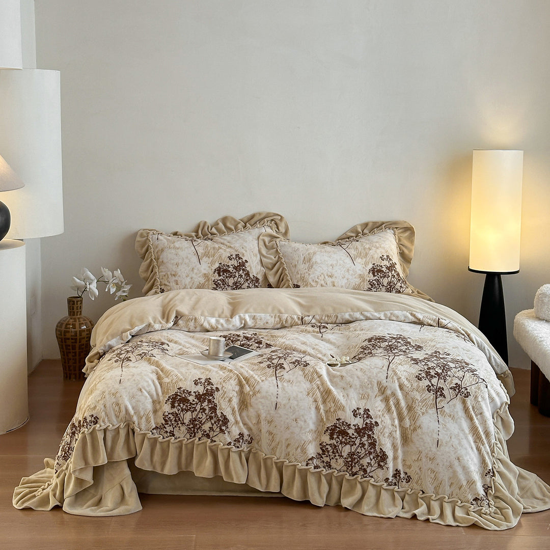 Floral Embroidered Ruffled Velvet-Trim Duvet Cover Set
