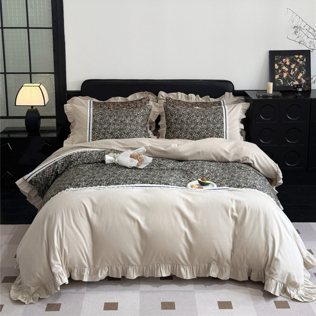 Ruffled-Edge Brushed Microfiber Duvet Cover Set with Center Floral Panel and Pillow Shams