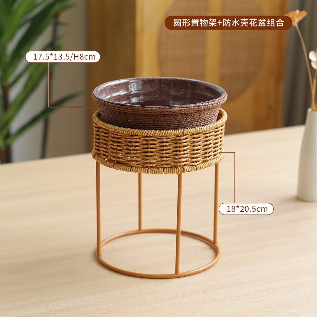 Unisex Modern Plant Stand with Woven Basket and Metal Frame Stornfield