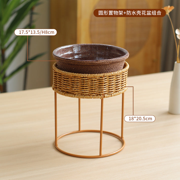 Unisex Modern Plant Stand with Woven Basket and Metal Frame Stornfield