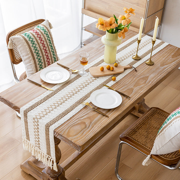 Handwoven Cotton Bohemian Tassel Table Runner with Neutral Geometric Stripes