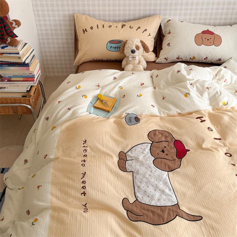 Cute Cartoon Puppy Cotton Duvet Cover Set with Pillow Shams and Reversible Floral Border