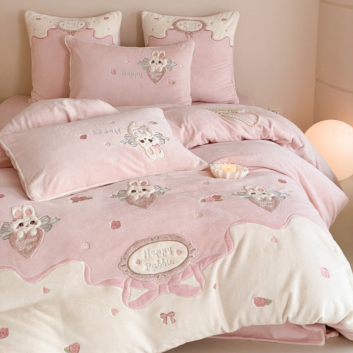 Embroidered Bunny Cotton-Sateen Duvet Cover Set with Plush Bunny Pillow and Ruffled Edge