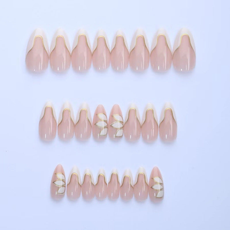 Elegant Glossy French Tip Press-On Nails with Gold Accents