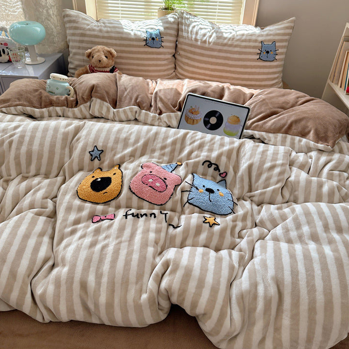 Plush Embroidered Cat Stripe Comforter Bedding Set