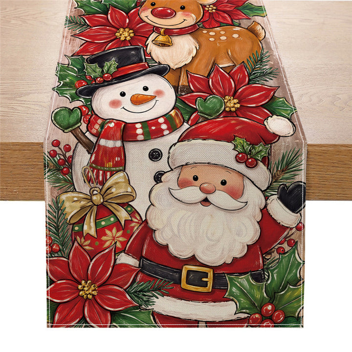 Festive Christmas Table Runner with Santa, Snowman & Reindeer Illustration