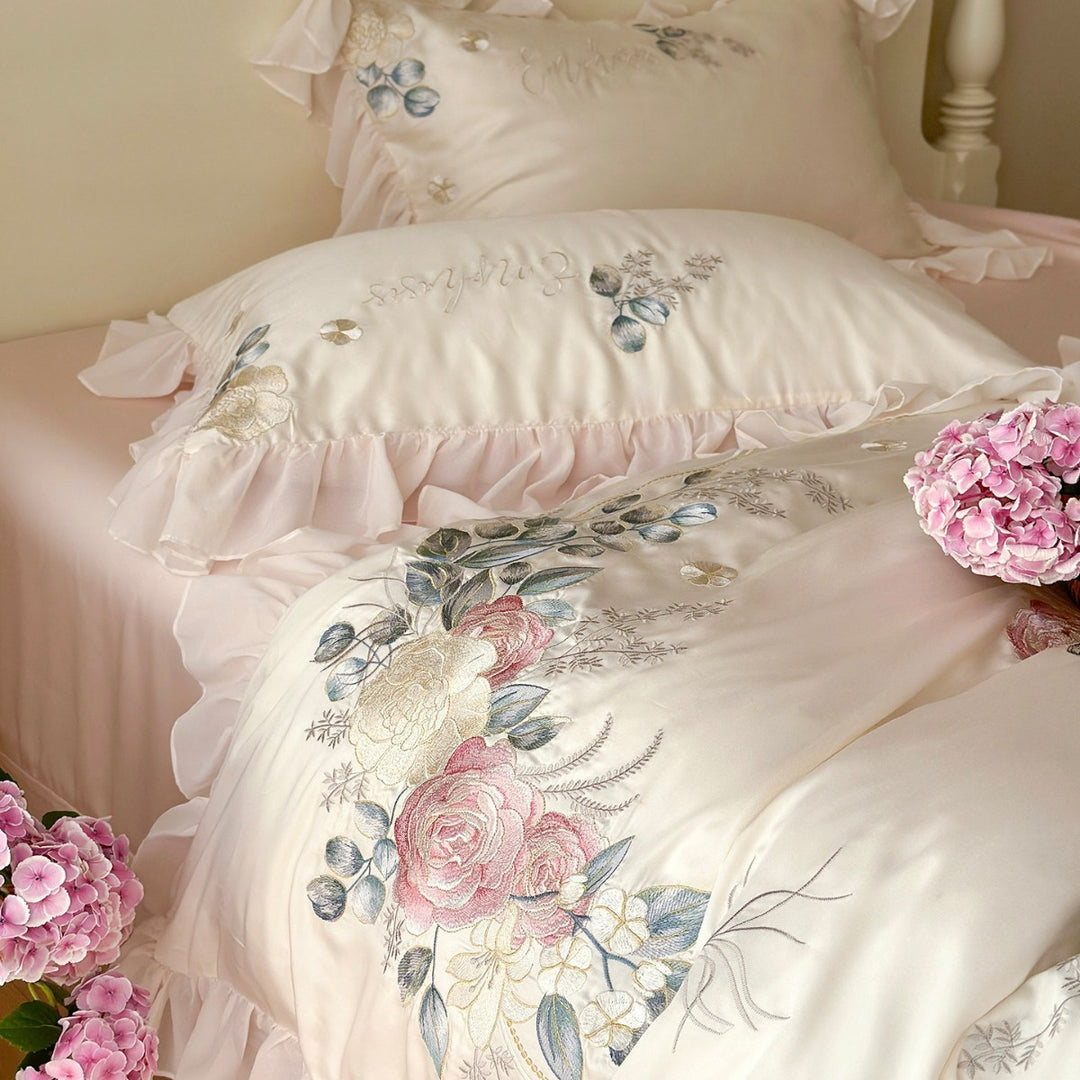 Rose-Embroidered Ruffled Satin-Feel Duvet Cover Ensemble with Decorative Frill and Pillow Shams