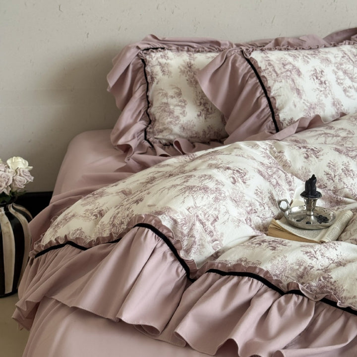 Romantic Toile-Print Ruffled Duvet Cover Set with Layered Bed Skirt