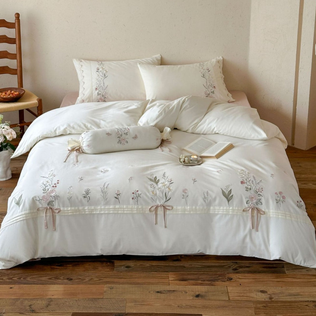 Embroidered Scalloped Lace Duvet Cover Bedding Set with Ruffle-Trim Decorative Pillow