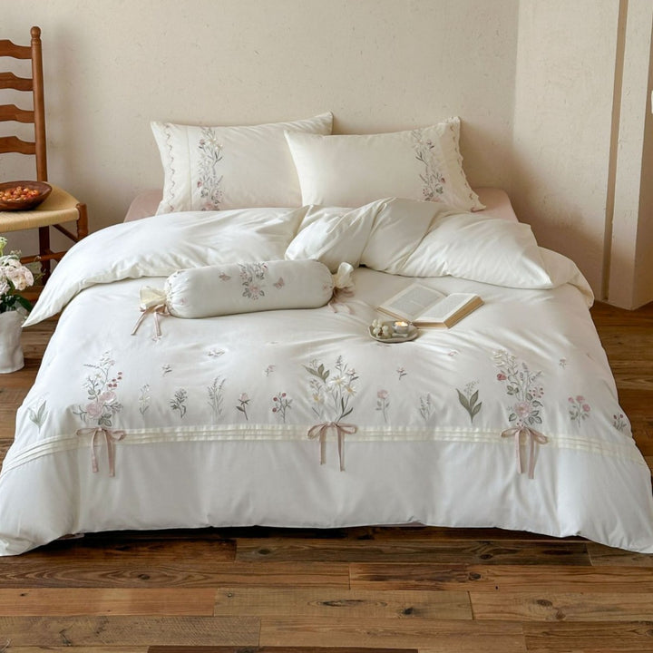 Embroidered Scalloped Lace Duvet Cover Bedding Set with Ruffle-Trim Decorative Pillow