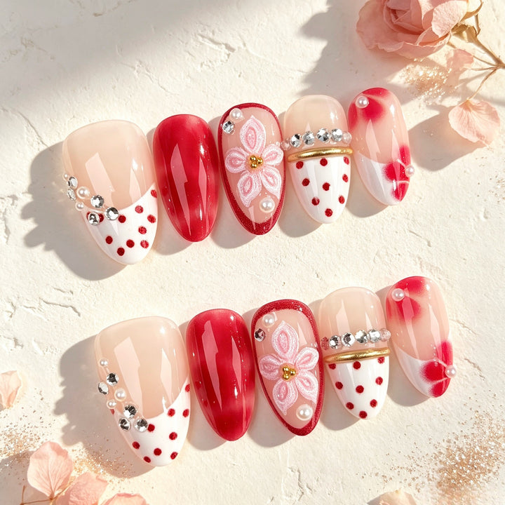 Artistic Floral and Gem-Embellished Press-On Nail Set