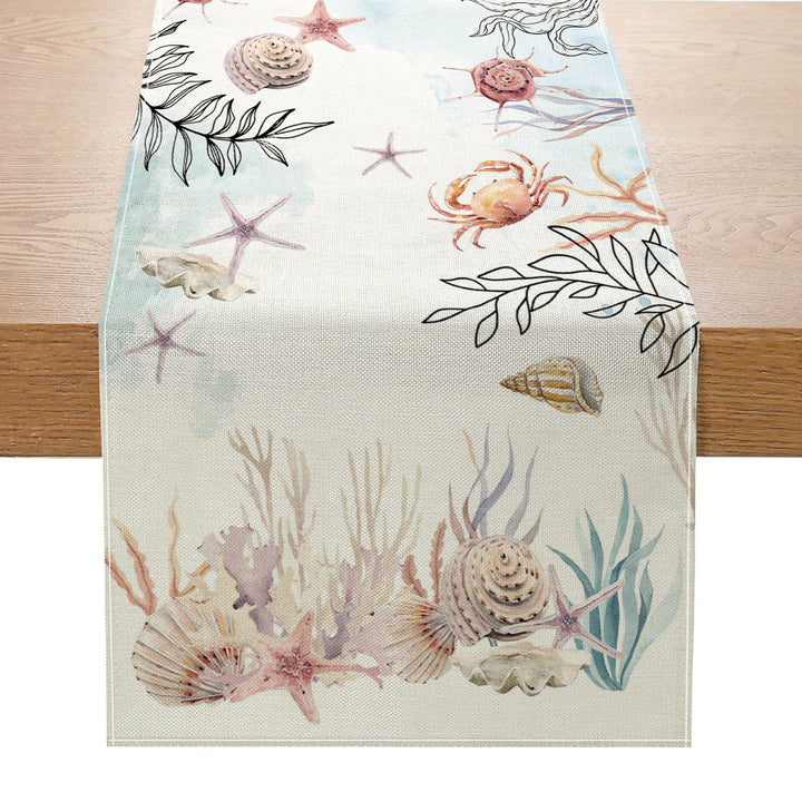 Coastal Watercolor Octopus & Sea Life Cotton-Linen Table Runner