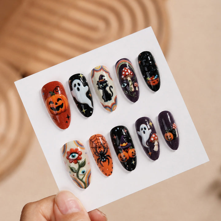 Festive artificial nail set with spooky Halloween motifs Stornfield