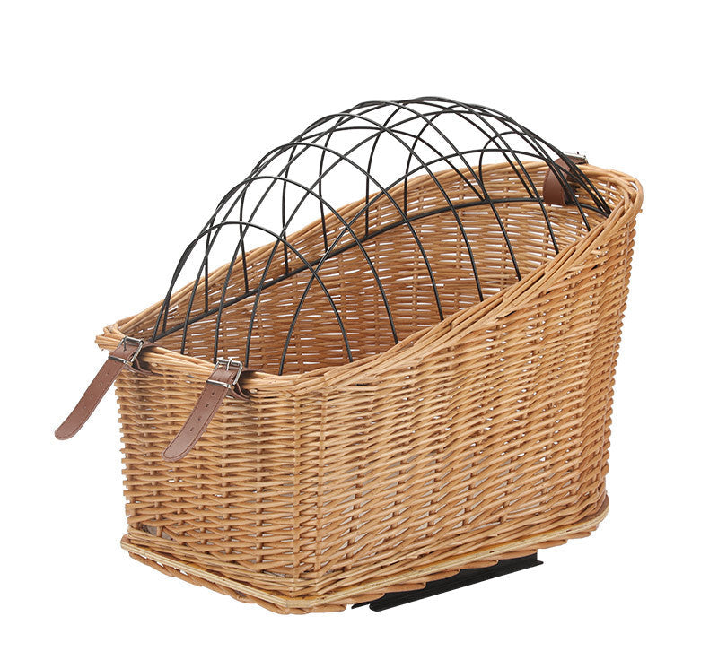 front-mount wicker bicycle pet carrier basket with foldable metal safety dome and adjustable leather buckle straps Stornfield