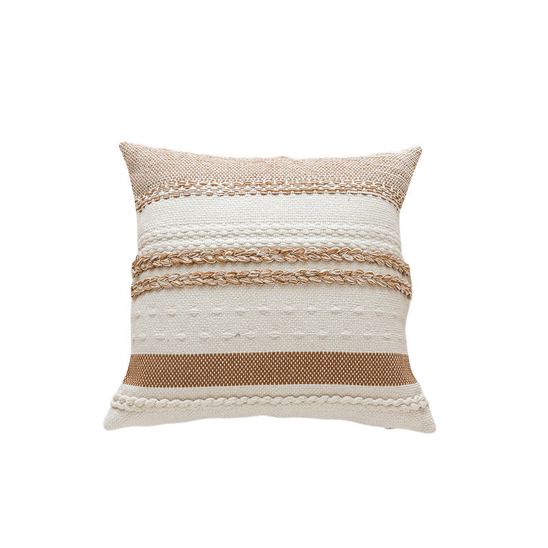 Woven Cotton Textured Lumbar Throw Pillow Cover with Braided Stripe Embellishments