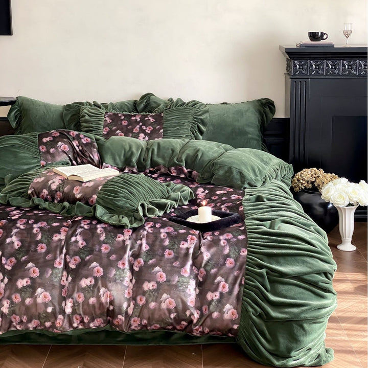 Floral Plush Velvet Panel Duvet Cover Set with Ruched Ruffle Trim