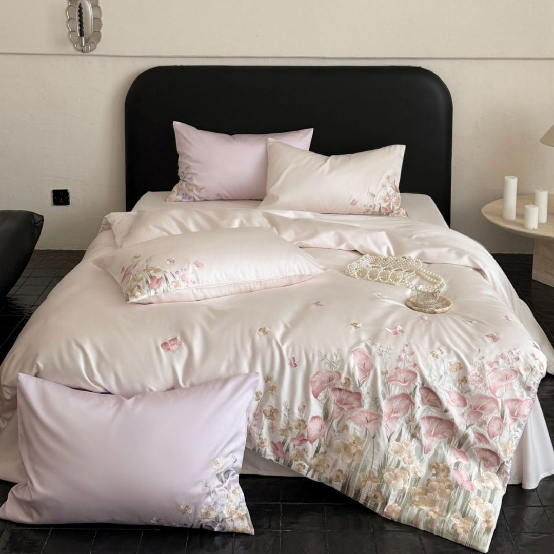 Luxurious satin bed set with floral relief embroidery and mother-of-pearl shine