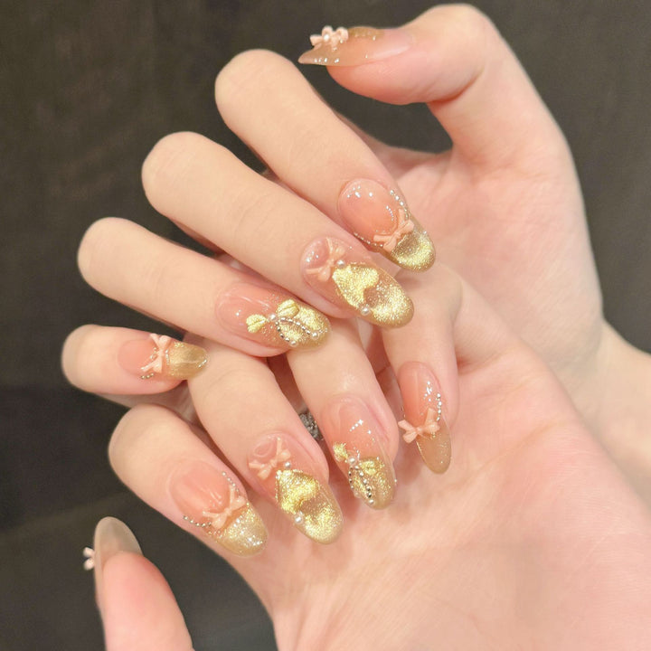 Decorative Press-On Nail Art Set with Glittery French Tips and Floral Accents