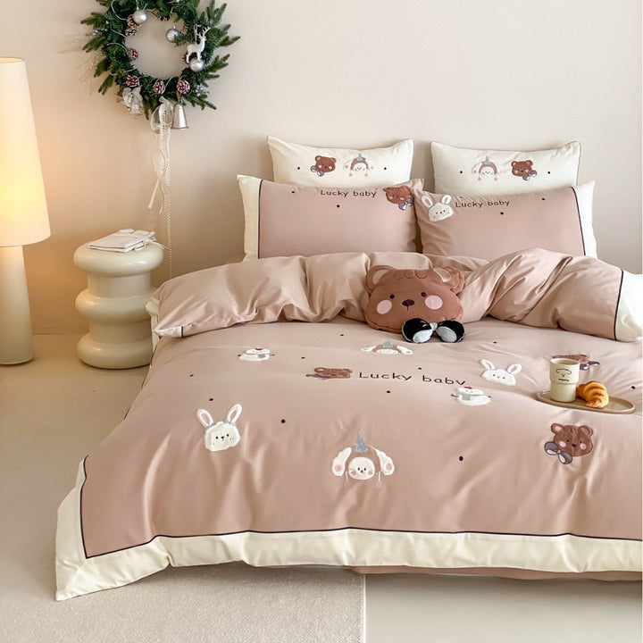 Children's Embroidered Animal Appliqué Duvet Cover Set with Plush Motif Pillow Shams