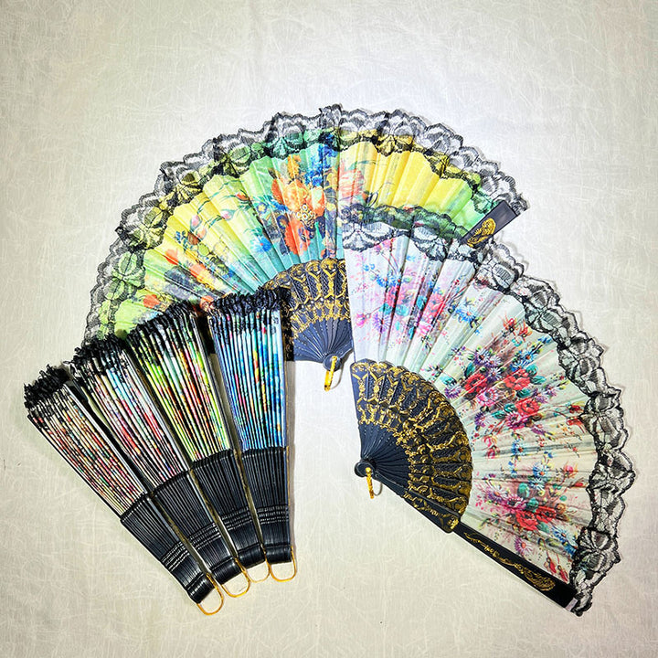 Ladies Elegant Hand Fan with Floral Design and Lace Edges Stornfield