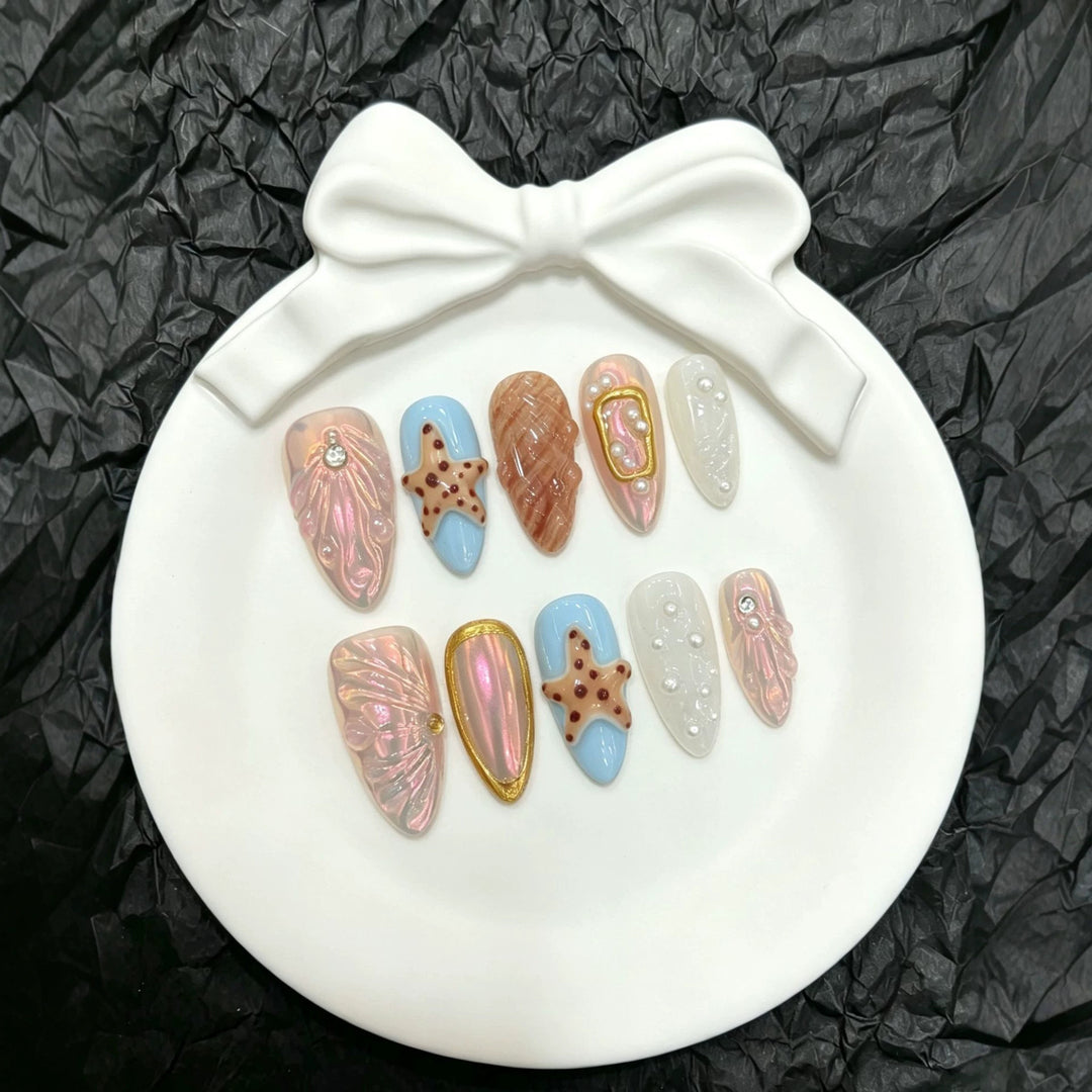 Decorative Press-On Nail Art Set with Unique Marine-Themed Designs