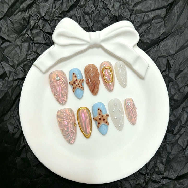 Decorative Press-On Nail Art Set with Unique Marine-Themed Designs