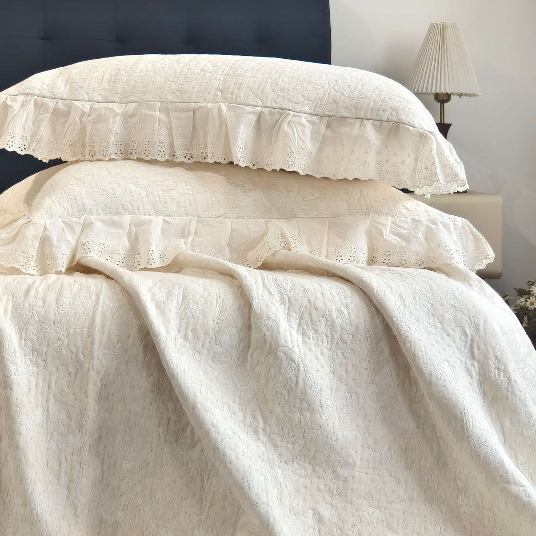 Quilted Cotton-Blend Coverlet Set with Eyelet Lace Ruffled Pillow Shams