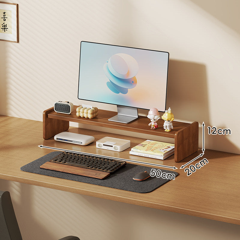 Solid Wood Monitor Riser and Desk Organizer with Dual-Level Shelf and Cable Management