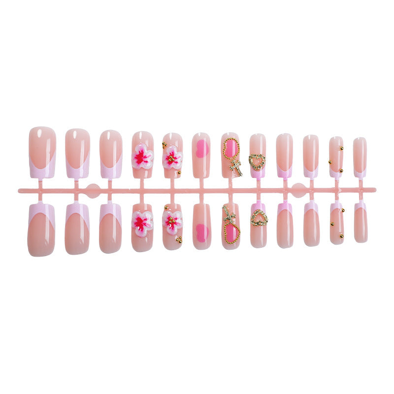 Decorative Floral Press-On Nail Set with Gem Accents Stornfield