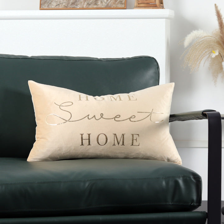Plush Velvet Rectangular Lumbar Accent Pillow with Metallic Script Embroidery and Hidden Zip