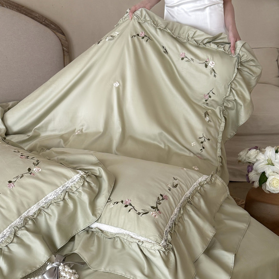 Luxury Sateen Ruffled Duvet Cover Set with Delicate Hand-Embroidered Sprig Detail