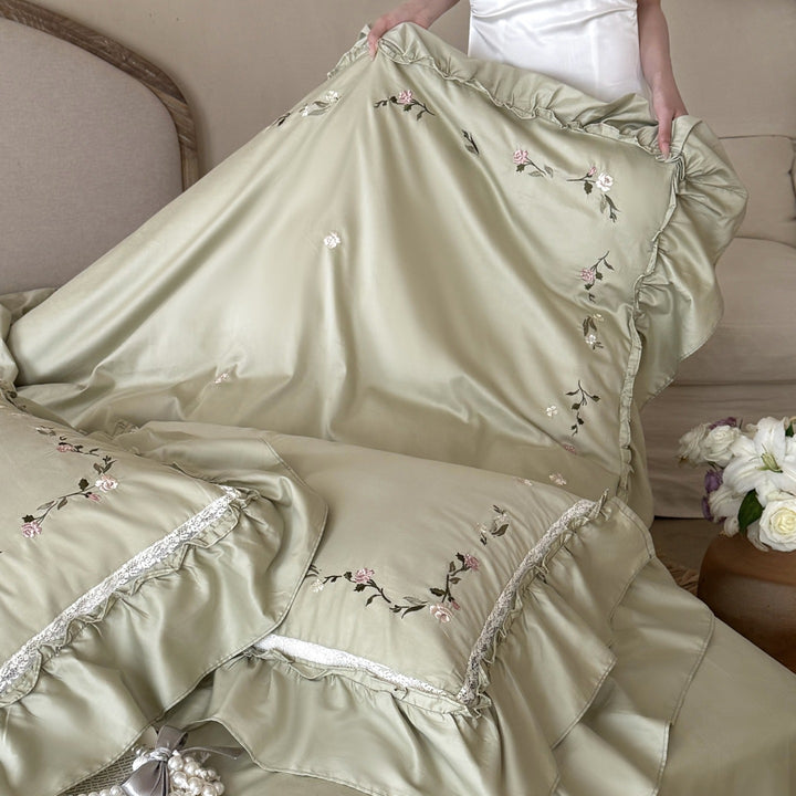 Luxury Sateen Ruffled Duvet Cover Set with Delicate Hand-Embroidered Sprig Detail