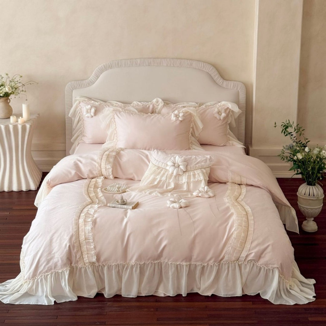 Romantic Ruffled Luxury Duvet Cover Set with Decorative Floral Appliqué Pillow