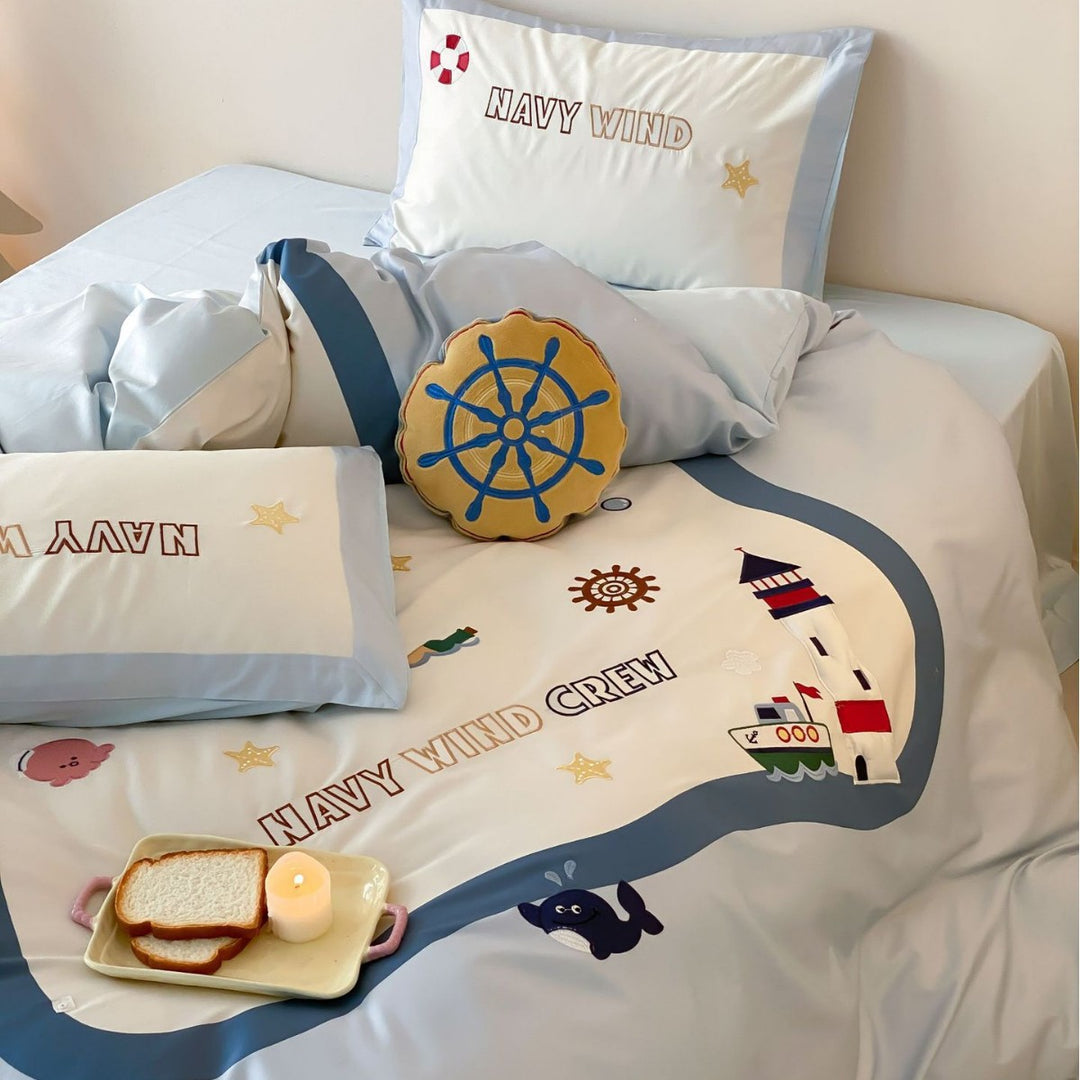 Children's Nautical Embroidered Cotton-Sateen Duvet Cover Bedding Set with Lighthouse & Ship Motifs