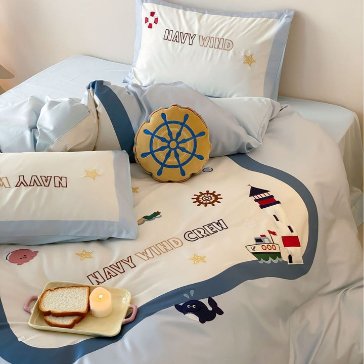 Children's Nautical Embroidered Cotton-Sateen Duvet Cover Bedding Set with Lighthouse & Ship Motifs