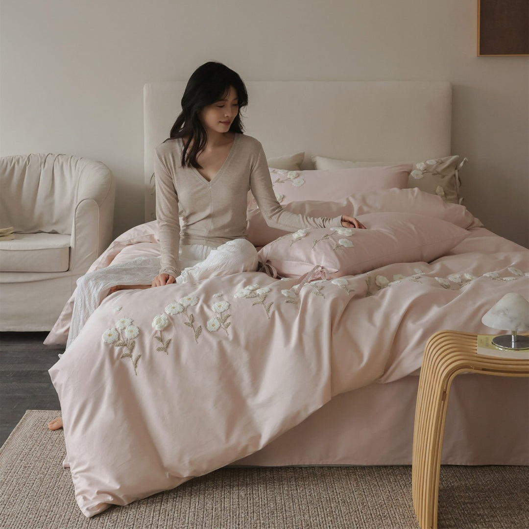 Embroidered Appliqué Cotton Sateen Duvet Cover Set with Decorative Pillow Shams